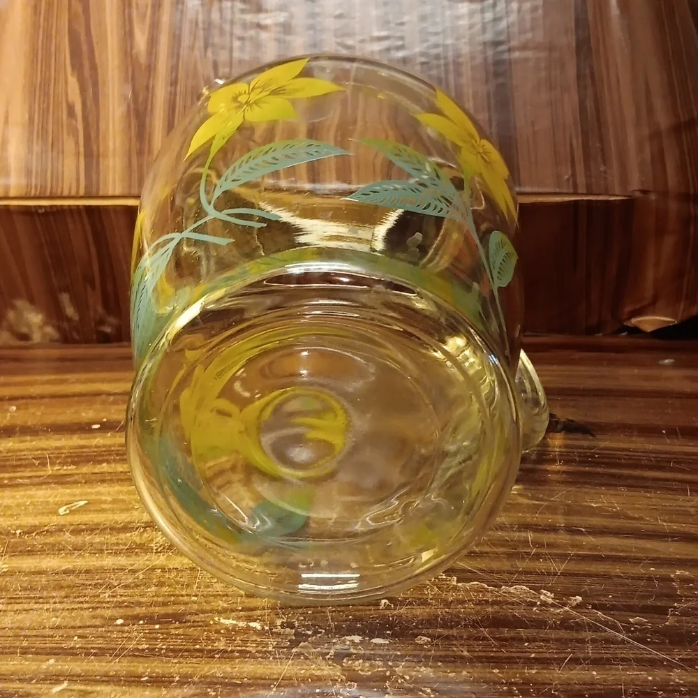 Vintage mcm farmhouse shabby chic glass tea pitcher yellow flowers